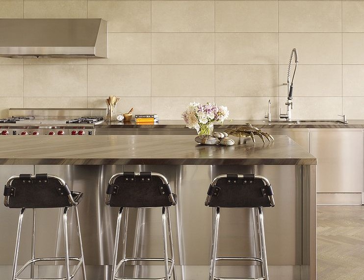 Stainless Steel Oven Contemporary Kitchen with Tiled Wall