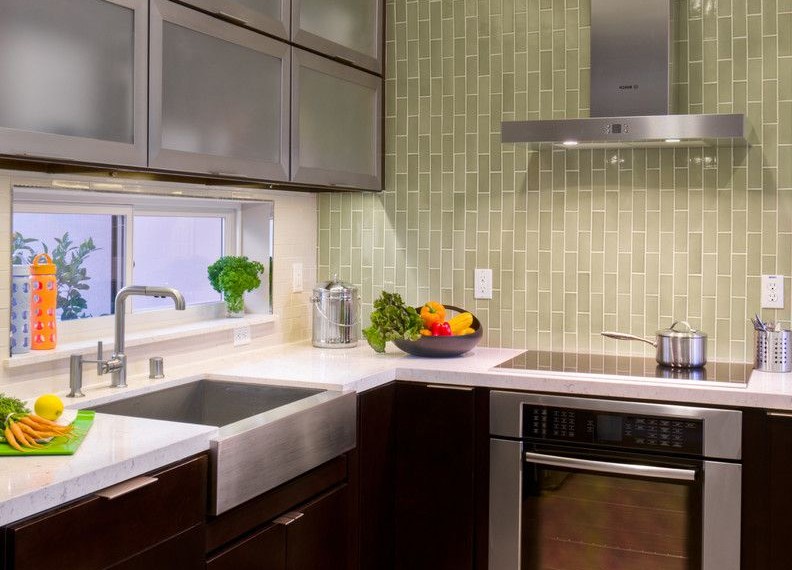 Stainless Steel Oven Contemporary Kitchen with Tiled Wall