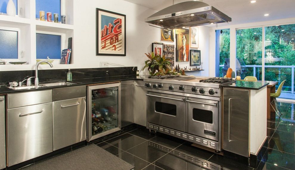 Stainless Steel Oven Modern Kitchen with Black Tile Floor