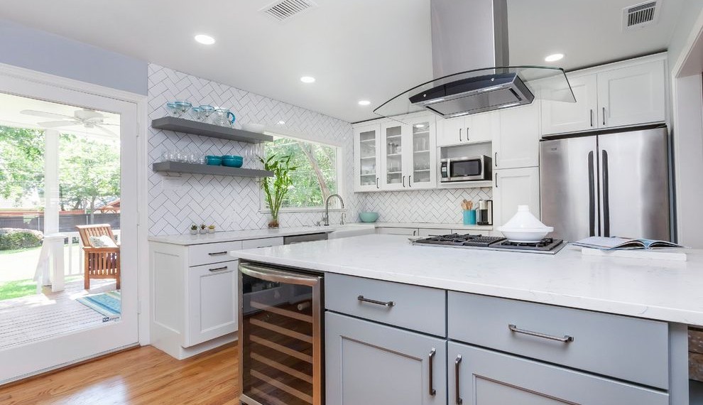 Stainless Stove Contemporary Kitchen with Chevron Backsplash