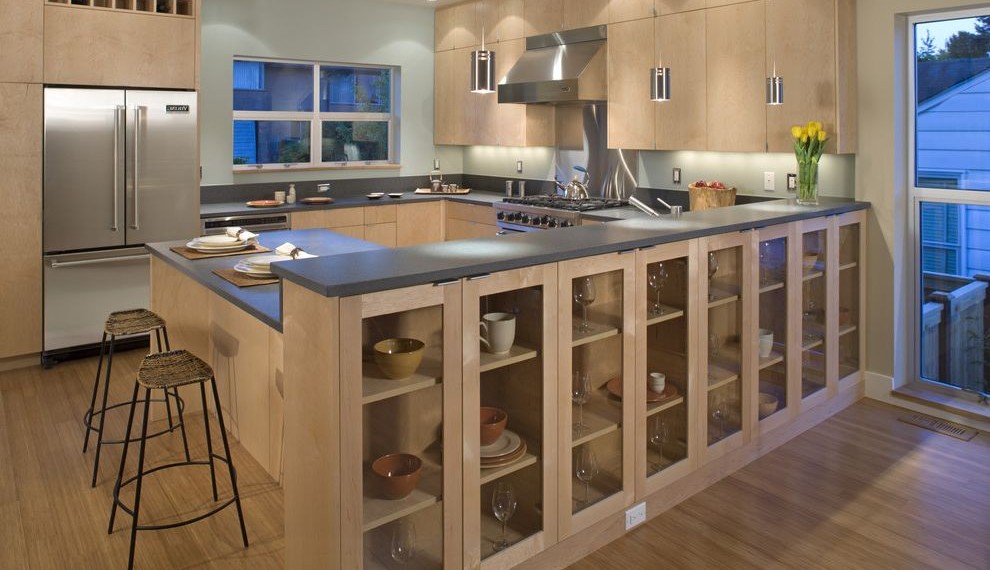 Stainless Stove Contemporary Kitchen with Light Blue Wall