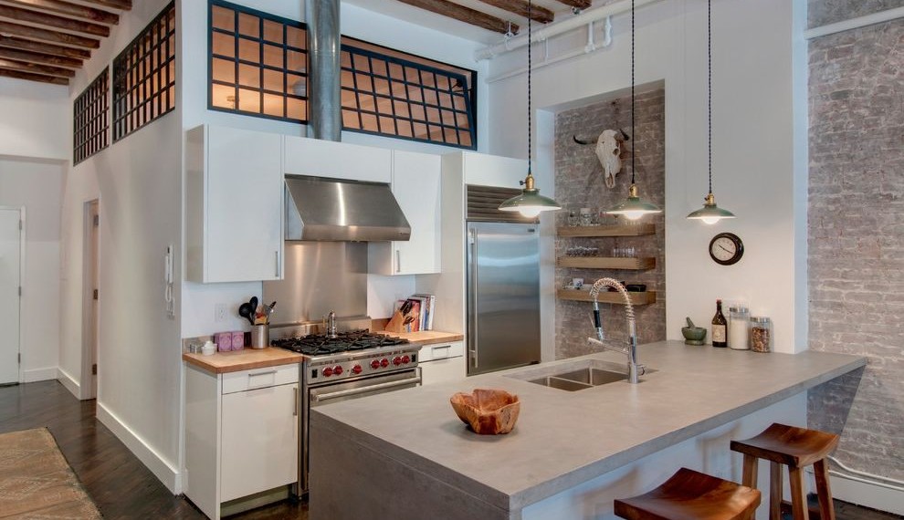 Stainless Stove Industrial Kitchen with Wood Countertop
