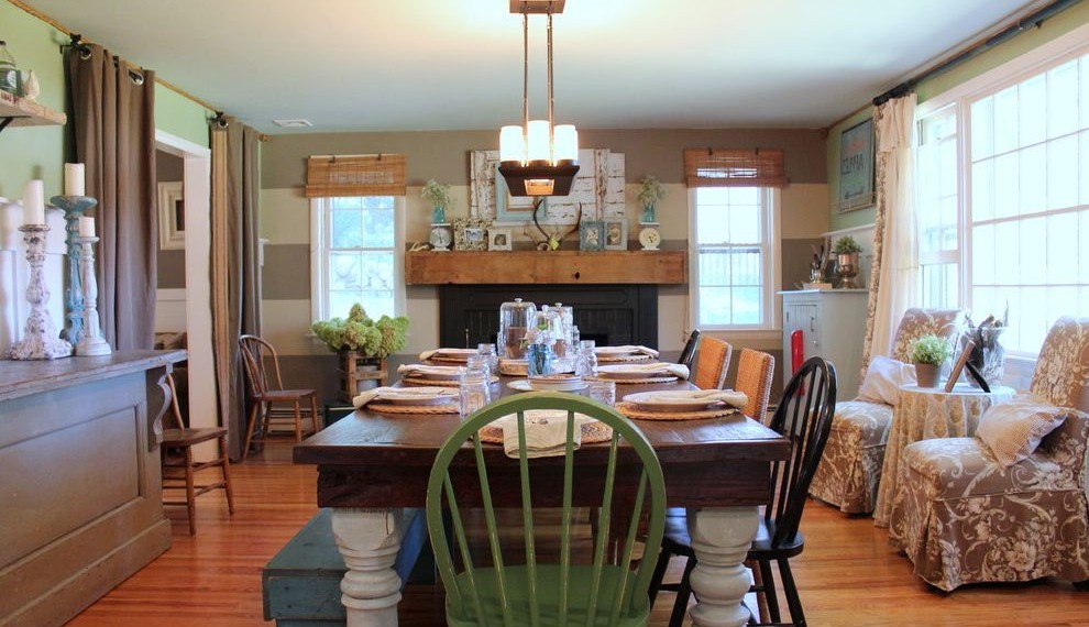 Steampunk Dining Table Farmhouse Dining Room with Skirted Chairs