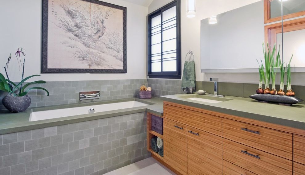 Stripping Towels Contemporary Bathroom with Light Green Countertop