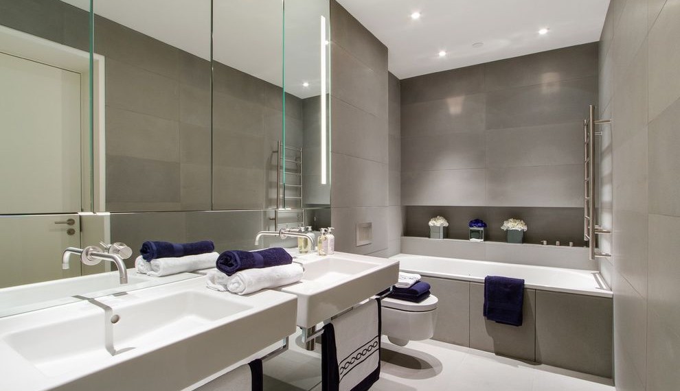 Stripping Towels Contemporary Bathroom with Towel Rack