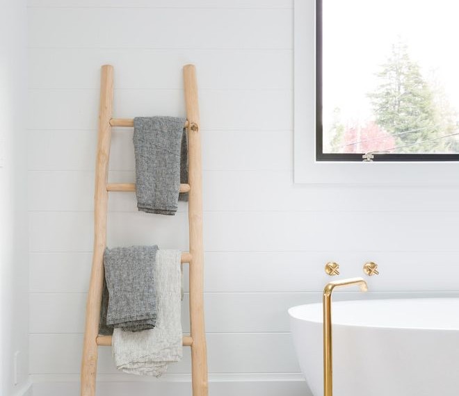 Stripping Towels Farmhouse Bathroom with Black Window Frames