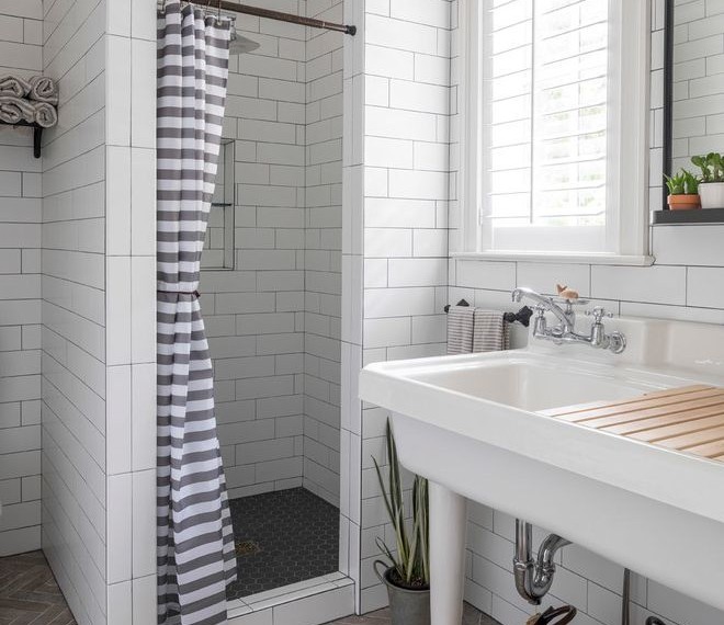 Subway Tile Patterns Beach Style Bathroom with Towel Bin