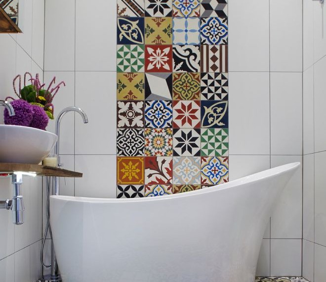 Subway Tile Patterns Mediterranean Bathroom with Bright