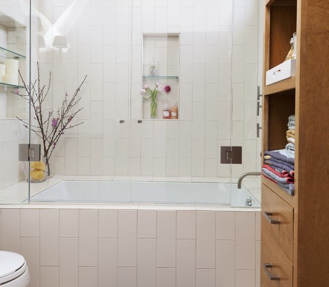 Subway Tile Patterns Modern Bathroom with Skylight