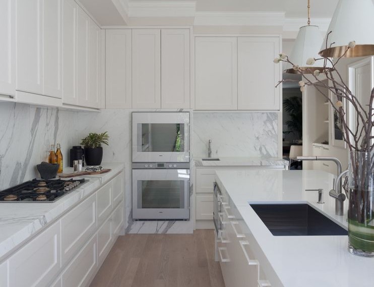 Swag Lamps Contemporary Kitchen with White Marble Backsplash