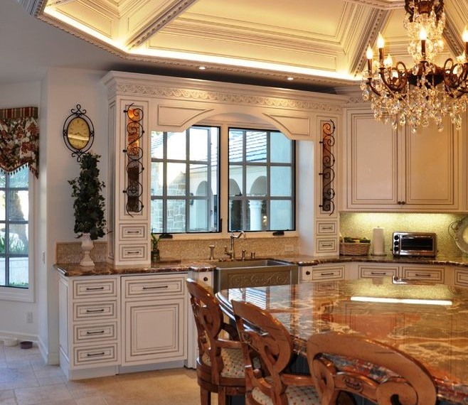 Tile Medallions Traditional Kitchen with Chandelier