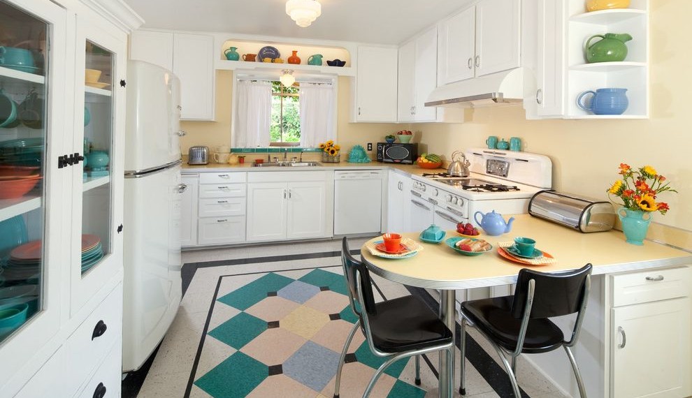 Towable Boom Lift Midcentury Kitchen with Turquoise Accents