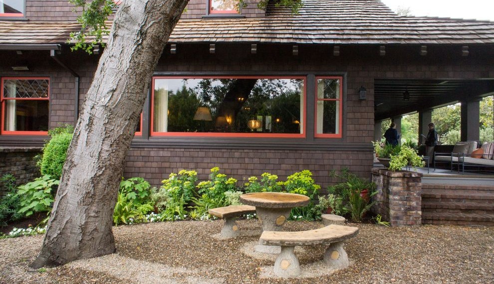 Tree Stump Side Table Craftsman Patio with Gravel Patio