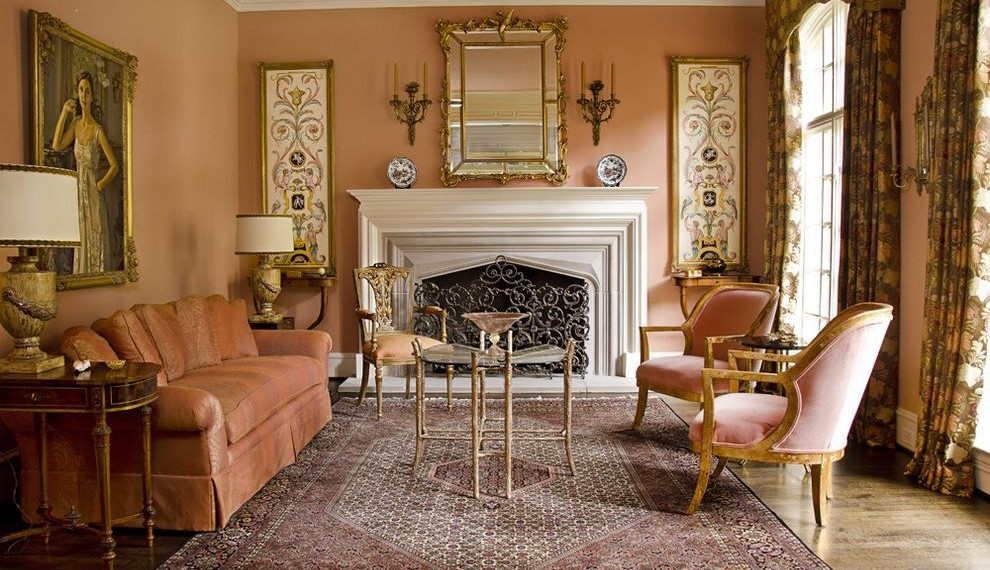Tree Stump Side Table Traditional Living Room with Pink Side Chair