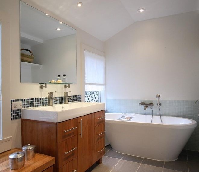 Trough Sink Vanity Beach Style Bathroom with Vanity