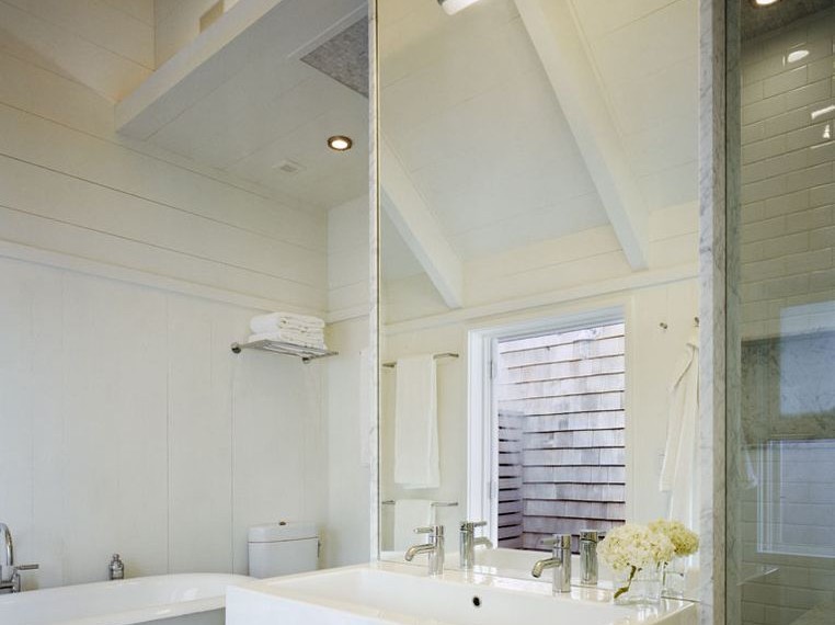 Trough Sink Vanity Beach Style Bathroom with Wall Lighting