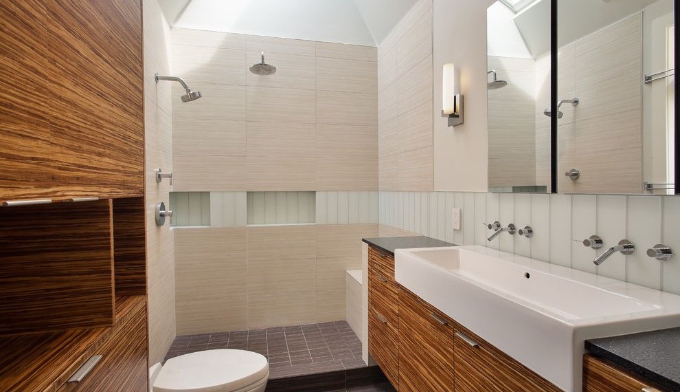 Trough Sink Vanity Contemporary Bathroom with Bathroom Storage