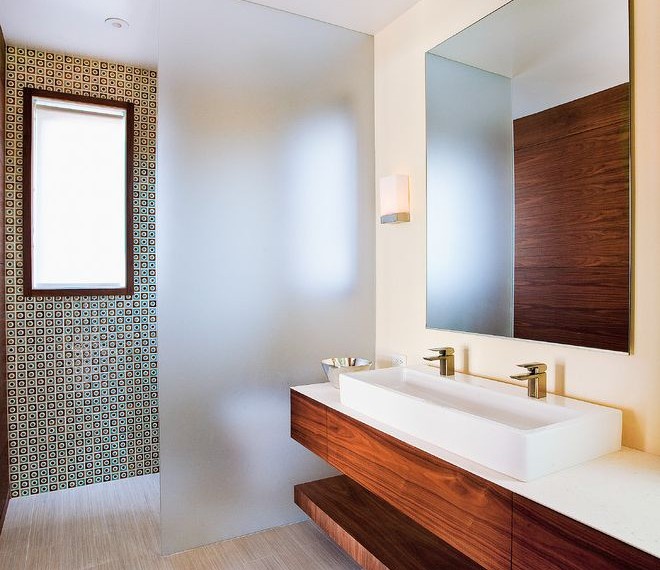 Trough Sink Vanity Contemporary Bathroom with Beige Floor