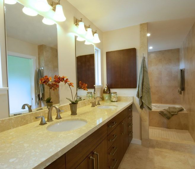 Trough Sink Vanity Tropical Bathroom with Master Bathroom