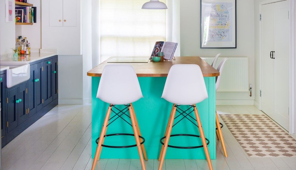 Turquoise Kitchen Chairs Eclectic Kitchen with White and Wood