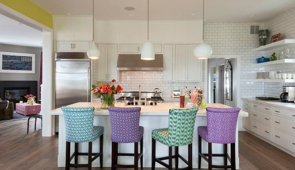 Turquoise Kitchen Chairs Traditional Kitchen with Colorful Bar Stools