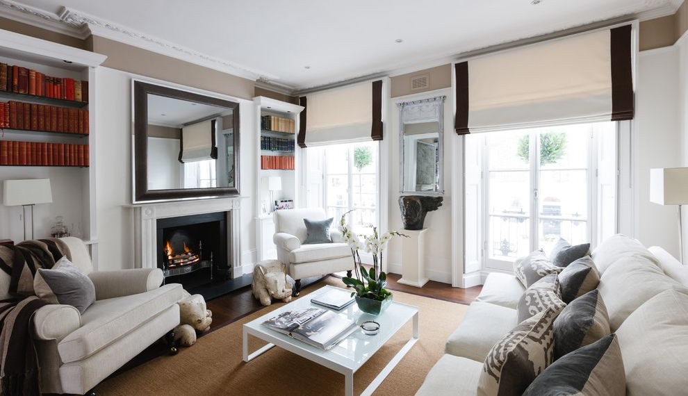 Vertical Blinds Repair Traditional Living Room with Built in Shelves
