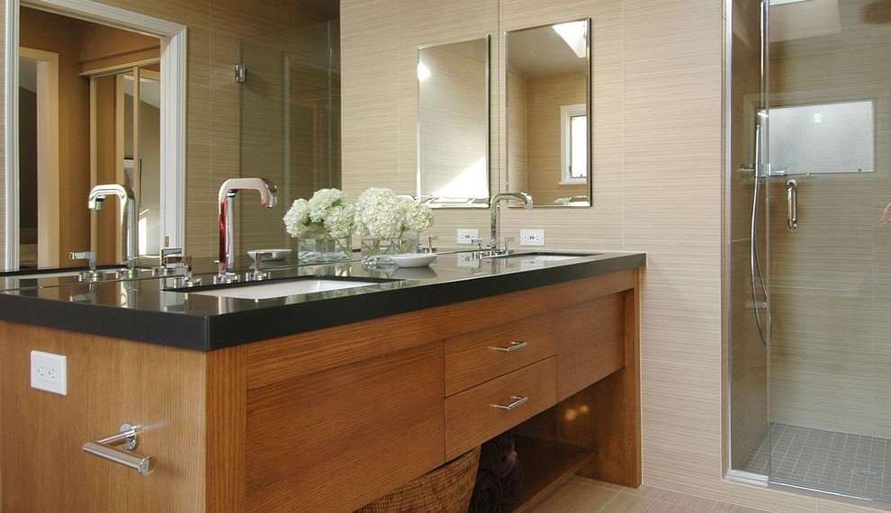 Vinyl Flooring That Looks Like Wood Contemporary Bathroom with Wall Tile