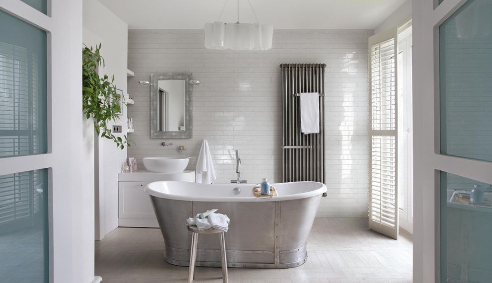 Vinyl Flooring That Looks Like Wood Farmhouse Bathroom with Free Standing Bath Tub