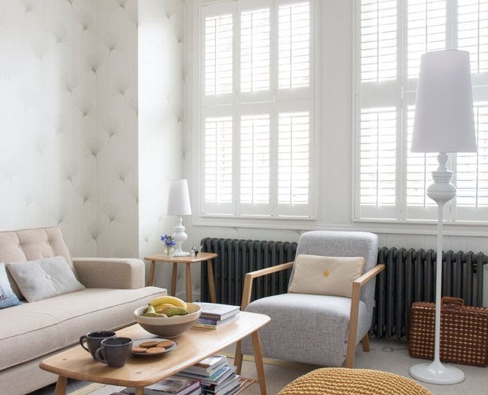 Vornado Space Heater Contemporary Living Room with Patterned Wallpaper