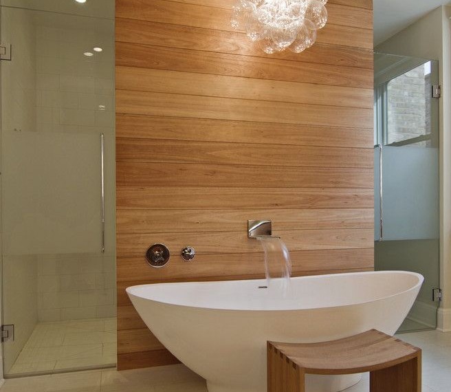 Wall Mount Bathtub Faucet Contemporary Bathroom with Glass Shower