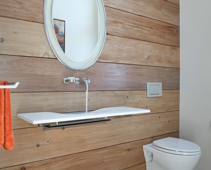 Wall Mount Bathtub Faucet Contemporary Bathroom with Oval Mirror
