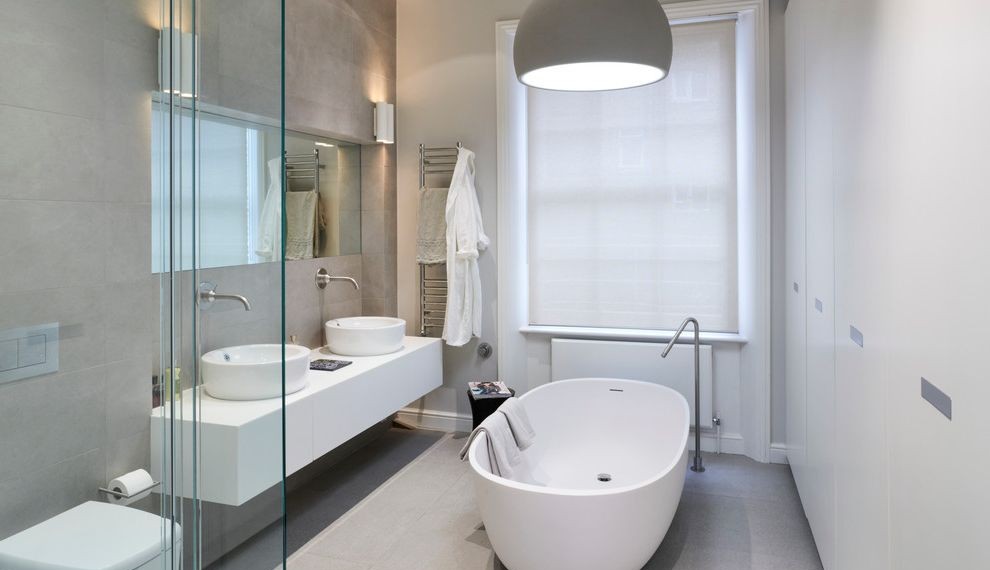 Wall Mount Bathtub Faucet Contemporary Bathroom with White Crown Molding