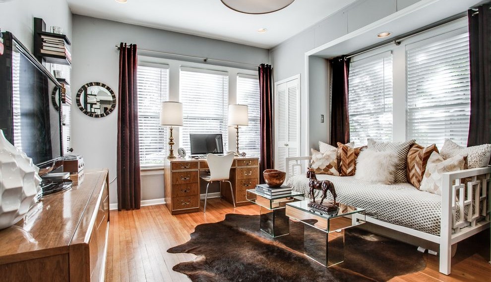 Watch Full Episodes Online Free Transitional Home Office with Patterned Bedding
