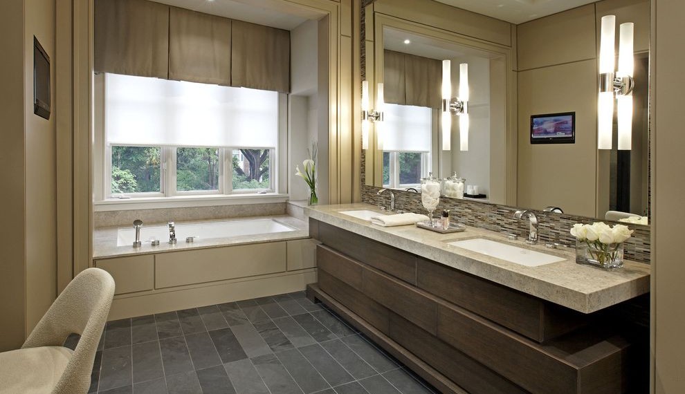 Weathered Wood Vanity Contemporary Bathroom with His and Hers Bath