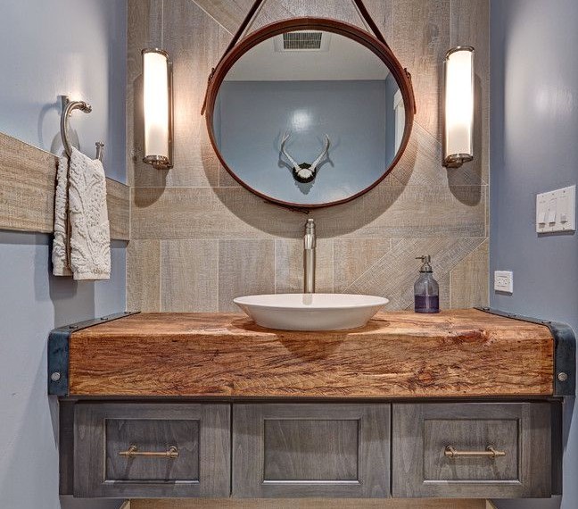 Weathered Wood Vanity Farmhouse Powder Room with Alder