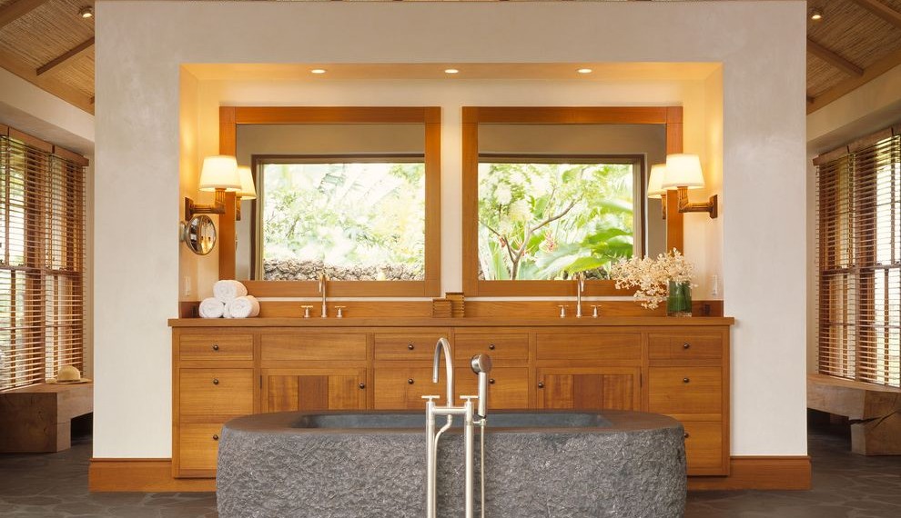Weathered Wood Vanity Tropical Bathroom with Double Vanity