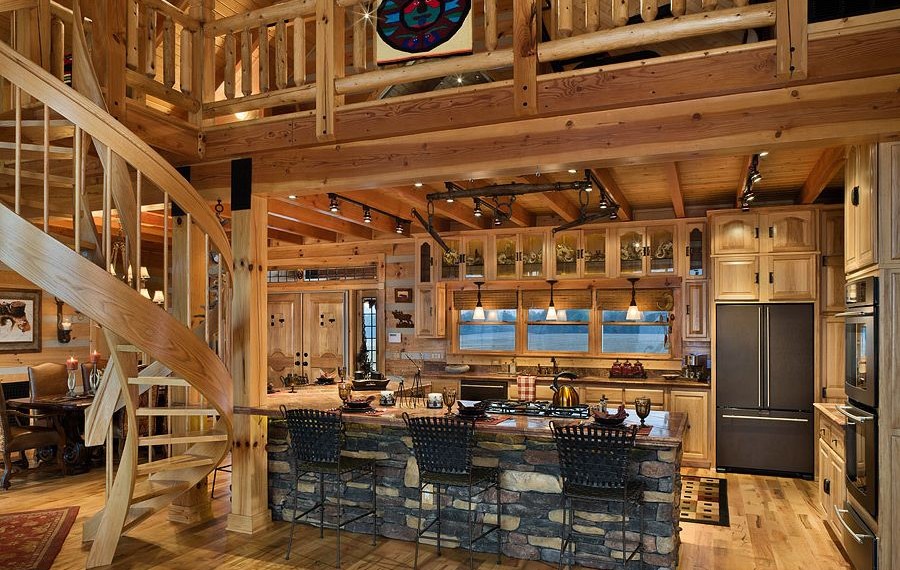 West Virginia Cabins Rustic Kitchen with Wood Living Room