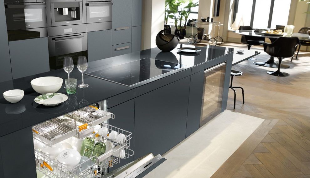 Whole House Air Conditioner Contemporary Kitchen with Miele Wine Cooler