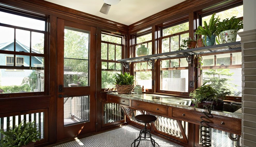 Whole House Air Conditioner Craftsman Sunroom with Mosaic Tile Floors
