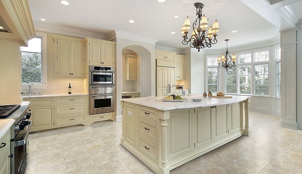 Whole House Air Conditioner Farmhouse Kitchen with Vinyl Tile