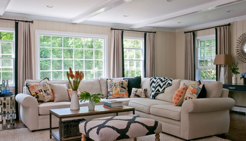 Window Toppers Beach Style Family Room with Beige Beadboard Walls