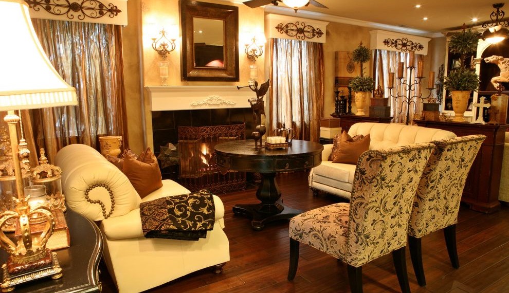 Window Toppers Mediterranean Living Room with Beige Textured Wall
