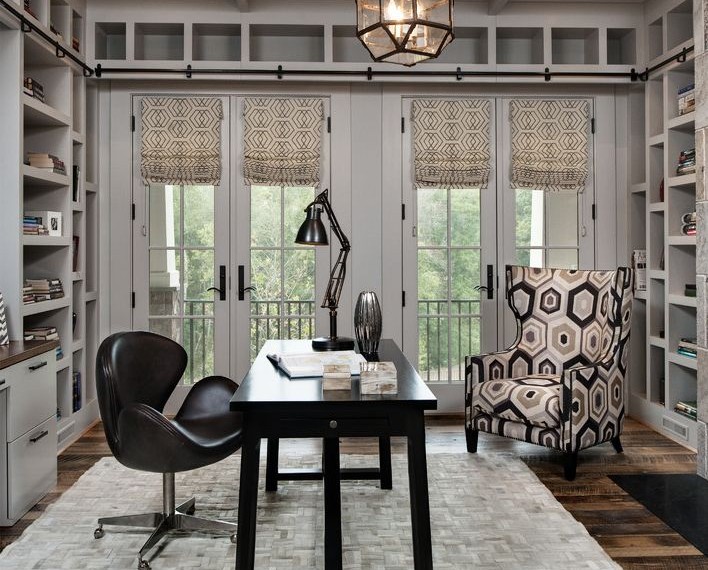 Wingback Chair Covers Rustic Home Office with Gray Ceiling Beams
