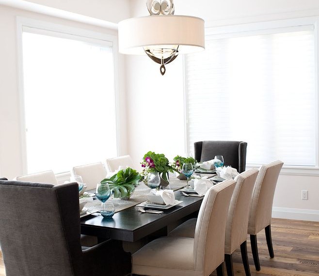 Wingback Chair Covers Transitional Dining Room with Medium Hardwood Flooring