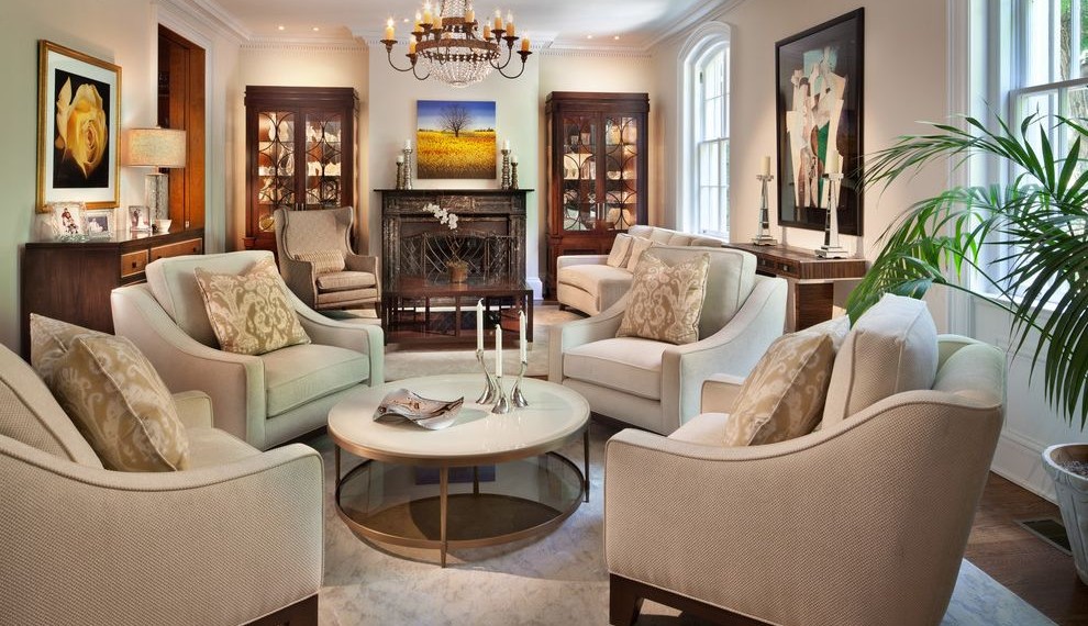 Wingback Chair Slipcover Traditional Living Room with Wood Fireplace Mantel