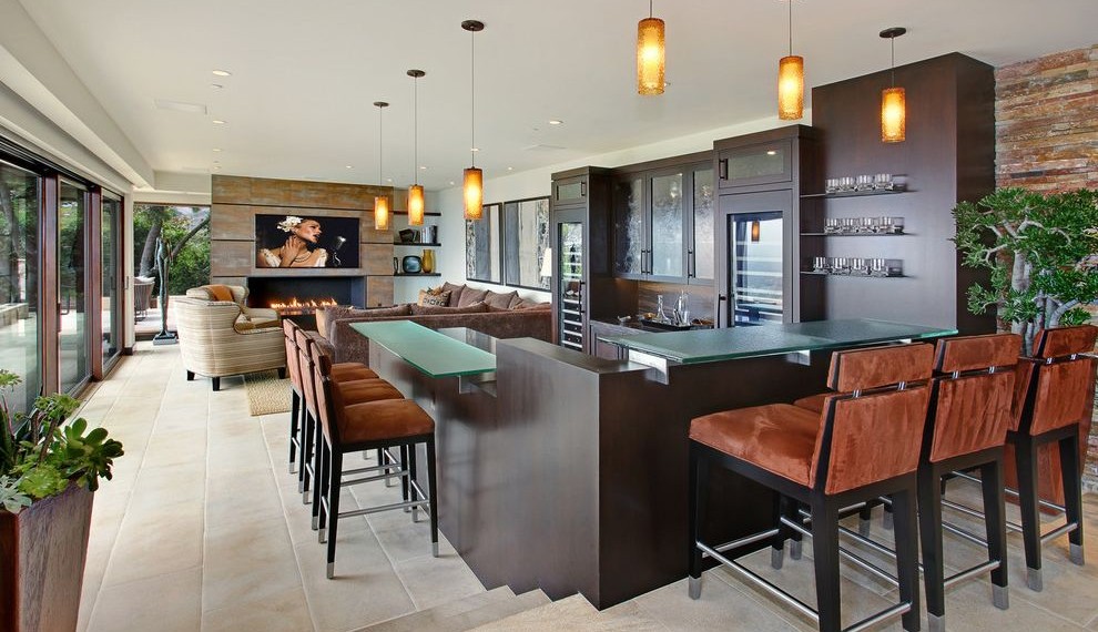 Wood Gun Cabinet with Etched Glass Contemporary Home Bar with Brown Cabinets