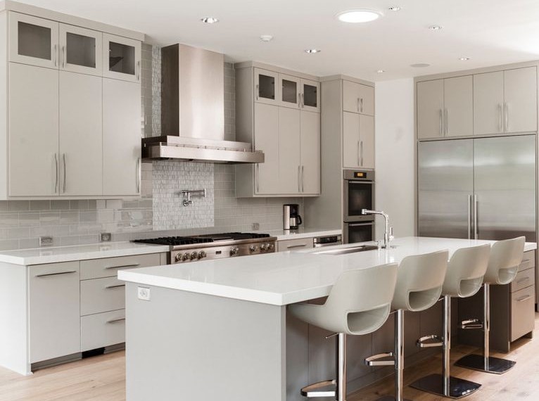 Wood Gun Cabinet with Etched Glass Contemporary Kitchen with Gray Cabinets