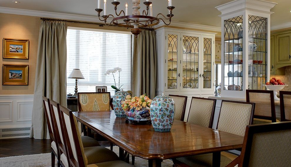 Wood Gun Cabinet with Etched Glass Traditional Dining Room with Dark Floor