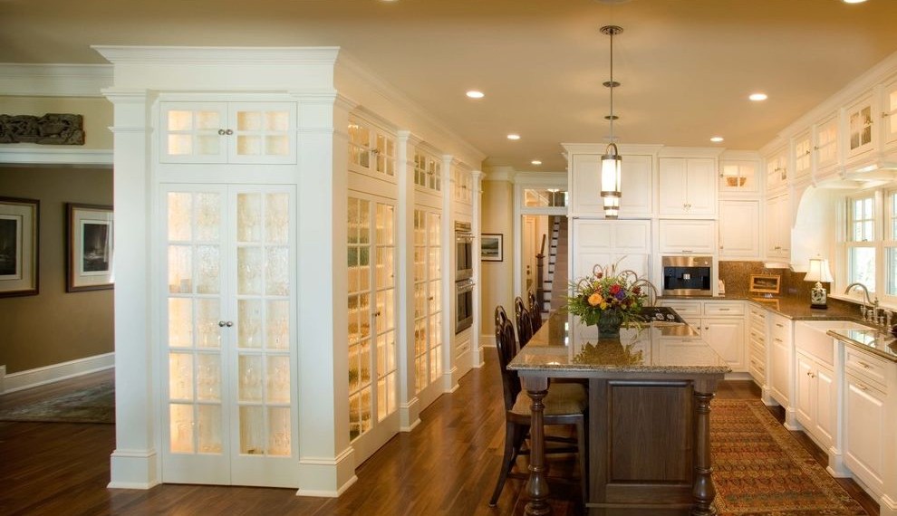 Wood Gun Cabinet with Etched Glass Traditional Kitchen with Glass Doors