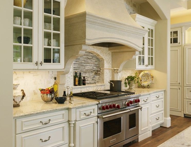 Wood Gun Cabinet with Etched Glass Traditional Kitchen with Island Seating
